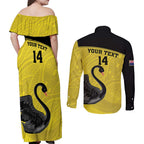 Custom Western Australia Cricket Couples Matching Off Shoulder Maxi Dress and Long Sleeve Button Shirt Go Warriors Black Swans - Aboriginal Art