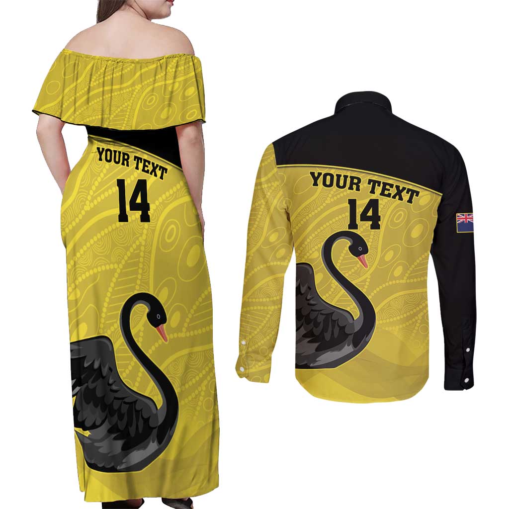 Custom Western Australia Cricket Couples Matching Off Shoulder Maxi Dress and Long Sleeve Button Shirt Go Warriors Black Swans - Aboriginal Art