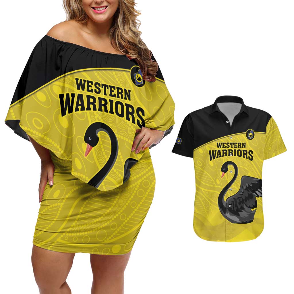 Custom Western Australia Cricket Couples Matching Off Shoulder Short Dress and Hawaiian Shirt Go Warriors Black Swans - Aboriginal Art