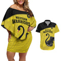 Custom Western Australia Cricket Couples Matching Off Shoulder Short Dress and Hawaiian Shirt Go Warriors Black Swans - Aboriginal Art