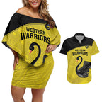 Custom Western Australia Cricket Couples Matching Off Shoulder Short Dress and Hawaiian Shirt Go Warriors Black Swans - Aboriginal Art