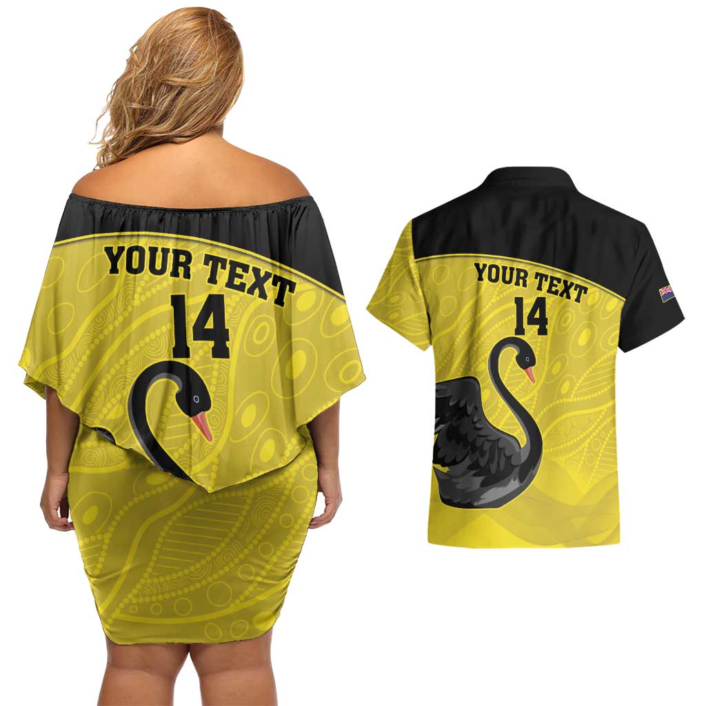 Custom Western Australia Cricket Couples Matching Off Shoulder Short Dress and Hawaiian Shirt Go Warriors Black Swans - Aboriginal Art