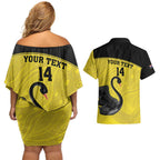 Custom Western Australia Cricket Couples Matching Off Shoulder Short Dress and Hawaiian Shirt Go Warriors Black Swans - Aboriginal Art