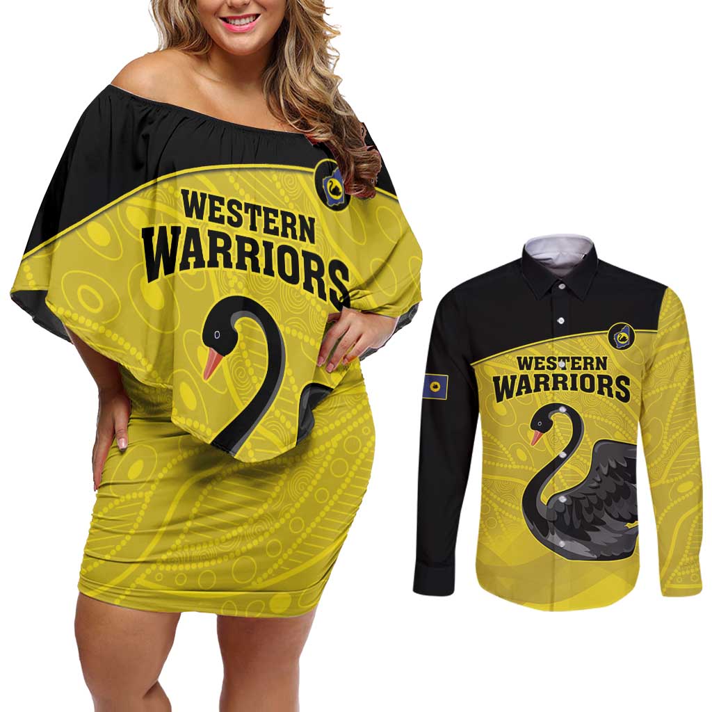 Custom Western Australia Cricket Couples Matching Off Shoulder Short Dress and Long Sleeve Button Shirt Go Warriors Black Swans - Aboriginal Art