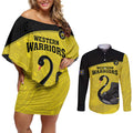 Custom Western Australia Cricket Couples Matching Off Shoulder Short Dress and Long Sleeve Button Shirt Go Warriors Black Swans - Aboriginal Art