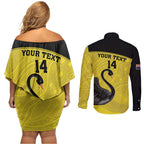 Custom Western Australia Cricket Couples Matching Off Shoulder Short Dress and Long Sleeve Button Shirt Go Warriors Black Swans - Aboriginal Art