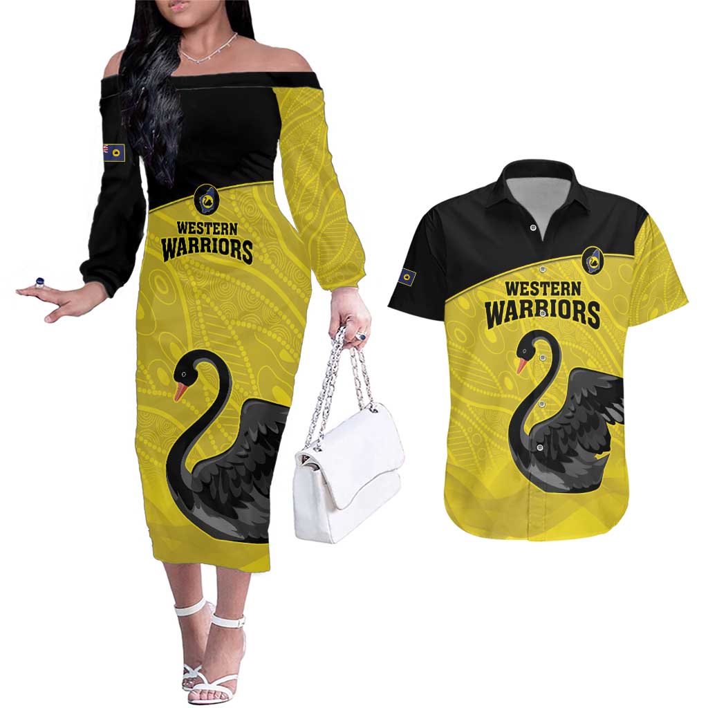 Custom Western Australia Cricket Couples Matching Off The Shoulder Long Sleeve Dress and Hawaiian Shirt Go Warriors Black Swans - Aboriginal Art