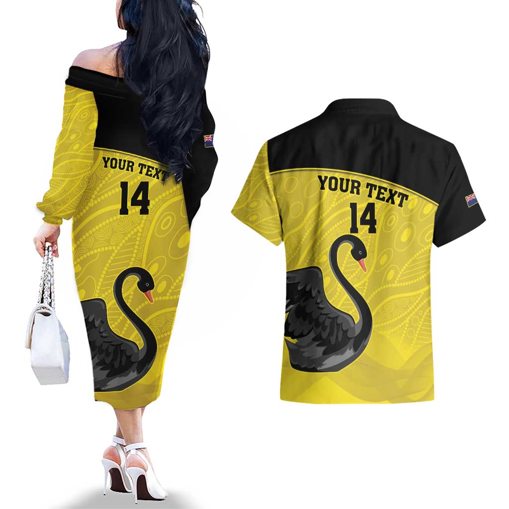 Custom Western Australia Cricket Couples Matching Off The Shoulder Long Sleeve Dress and Hawaiian Shirt Go Warriors Black Swans - Aboriginal Art