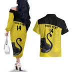 Custom Western Australia Cricket Couples Matching Off The Shoulder Long Sleeve Dress and Hawaiian Shirt Go Warriors Black Swans - Aboriginal Art