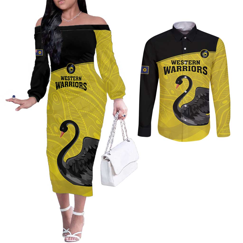 Custom Western Australia Cricket Couples Matching Off The Shoulder Long Sleeve Dress and Long Sleeve Button Shirt Go Warriors Black Swans - Aboriginal Art