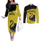 Custom Western Australia Cricket Couples Matching Off The Shoulder Long Sleeve Dress and Long Sleeve Button Shirt Go Warriors Black Swans - Aboriginal Art
