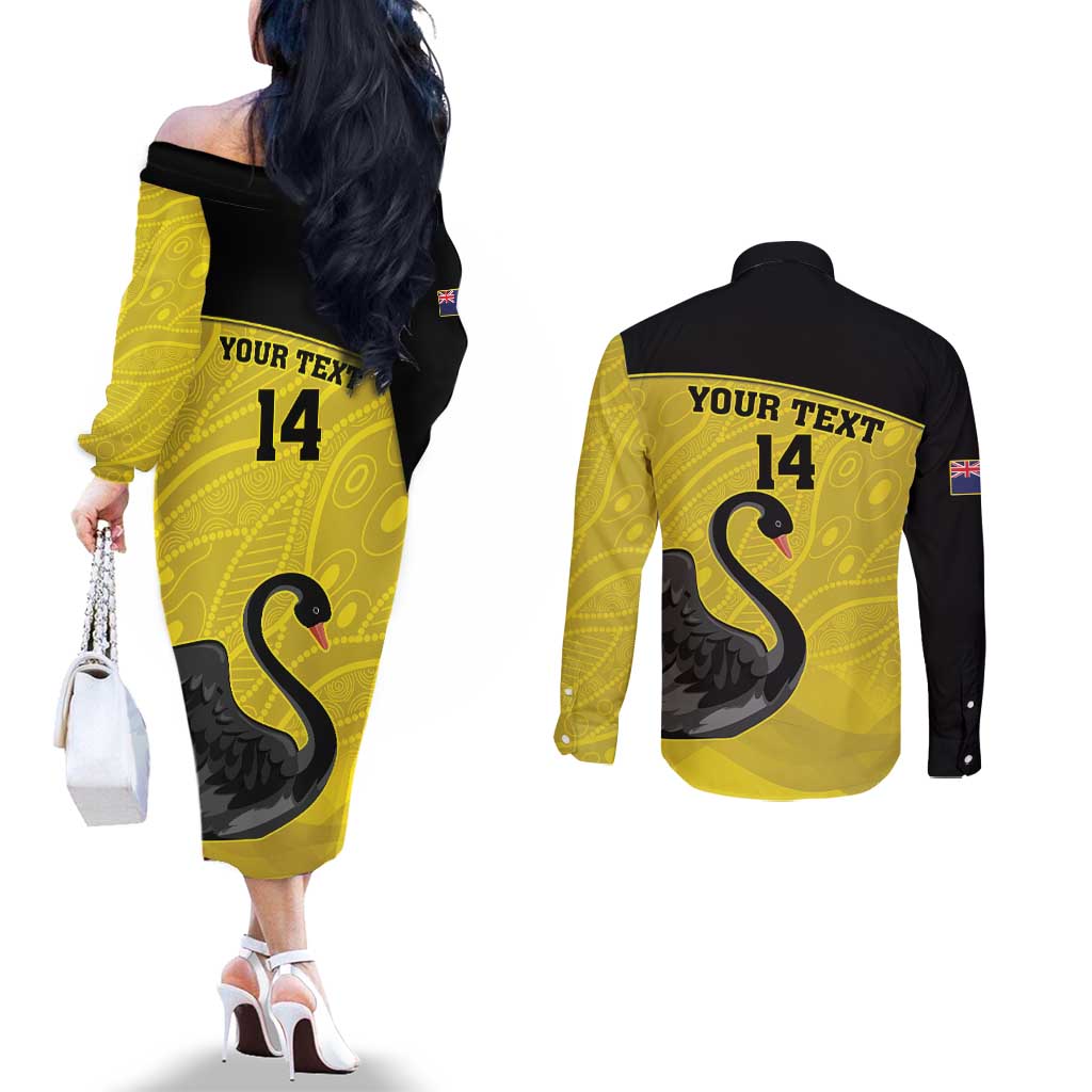 Custom Western Australia Cricket Couples Matching Off The Shoulder Long Sleeve Dress and Long Sleeve Button Shirt Go Warriors Black Swans - Aboriginal Art