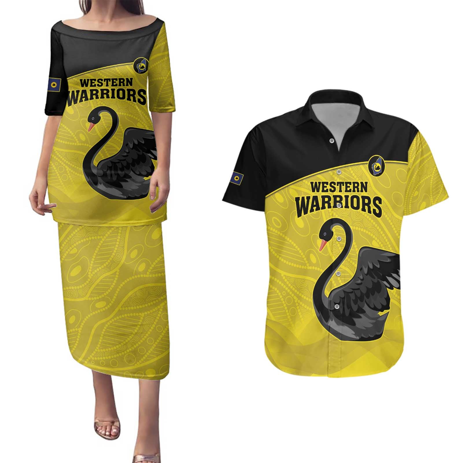 Custom Western Australia Cricket Couples Matching Puletasi and Hawaiian Shirt Go Warriors Black Swans - Aboriginal Art