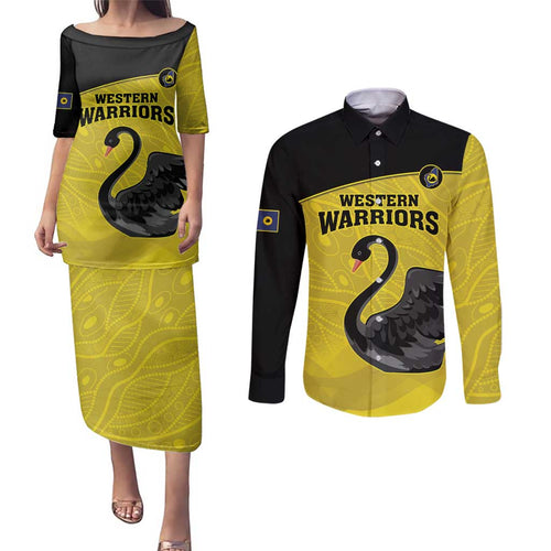 Custom Western Australia Cricket Couples Matching Puletasi and Long Sleeve Button Shirt Go Warriors Black Swans - Aboriginal Art