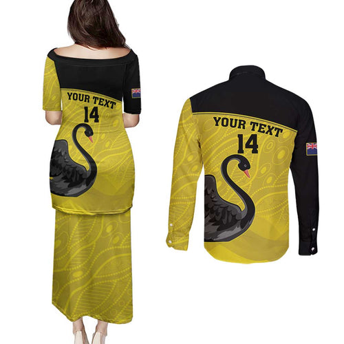 Custom Western Australia Cricket Couples Matching Puletasi and Long Sleeve Button Shirt Go Warriors Black Swans - Aboriginal Art