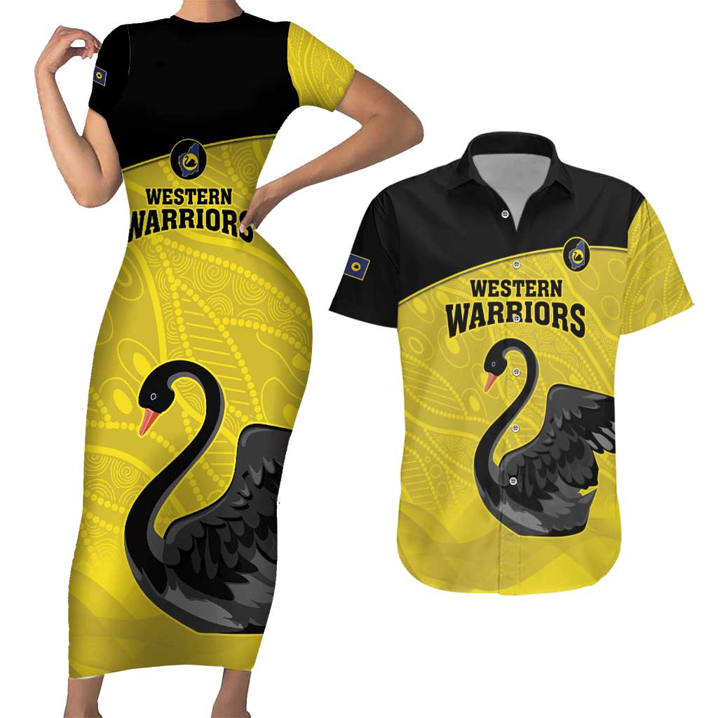 Custom Western Australia Cricket Couples Matching Short Sleeve Bodycon Dress and Hawaiian Shirt Go Warriors Black Swans - Aboriginal Art