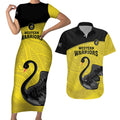 Custom Western Australia Cricket Couples Matching Short Sleeve Bodycon Dress and Hawaiian Shirt Go Warriors Black Swans - Aboriginal Art