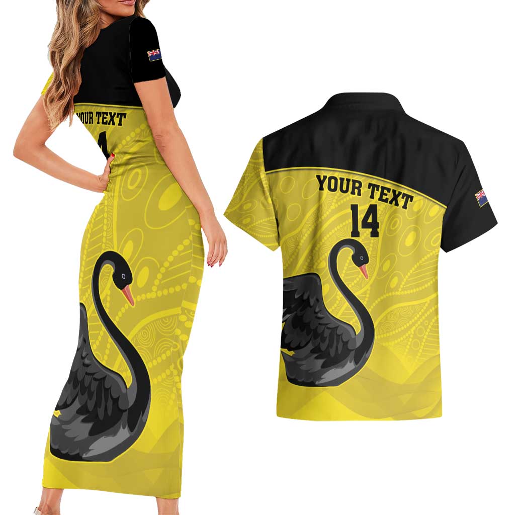 Custom Western Australia Cricket Couples Matching Short Sleeve Bodycon Dress and Hawaiian Shirt Go Warriors Black Swans - Aboriginal Art