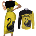 Custom Western Australia Cricket Couples Matching Short Sleeve Bodycon Dress and Long Sleeve Button Shirt Go Warriors Black Swans - Aboriginal Art