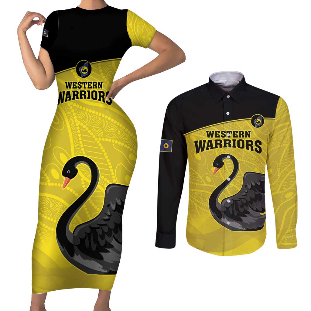 Custom Western Australia Cricket Couples Matching Short Sleeve Bodycon Dress and Long Sleeve Button Shirt Go Warriors Black Swans - Aboriginal Art