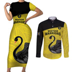 Custom Western Australia Cricket Couples Matching Short Sleeve Bodycon Dress and Long Sleeve Button Shirt Go Warriors Black Swans - Aboriginal Art