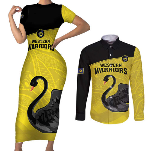 Custom Western Australia Cricket Couples Matching Short Sleeve Bodycon Dress and Long Sleeve Button Shirt Go Warriors Black Swans - Aboriginal Art