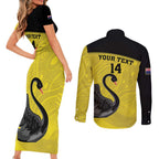 Custom Western Australia Cricket Couples Matching Short Sleeve Bodycon Dress and Long Sleeve Button Shirt Go Warriors Black Swans - Aboriginal Art