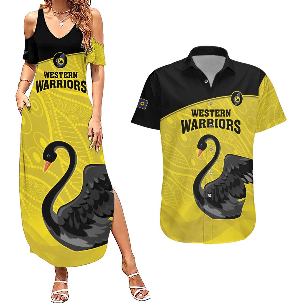 Custom Western Australia Cricket Couples Matching Summer Maxi Dress and Hawaiian Shirt Go Warriors Black Swans - Aboriginal Art