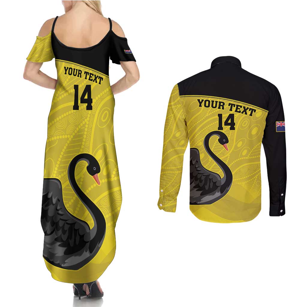 Custom Western Australia Cricket Couples Matching Summer Maxi Dress and Long Sleeve Button Shirt Go Warriors Black Swans - Aboriginal Art