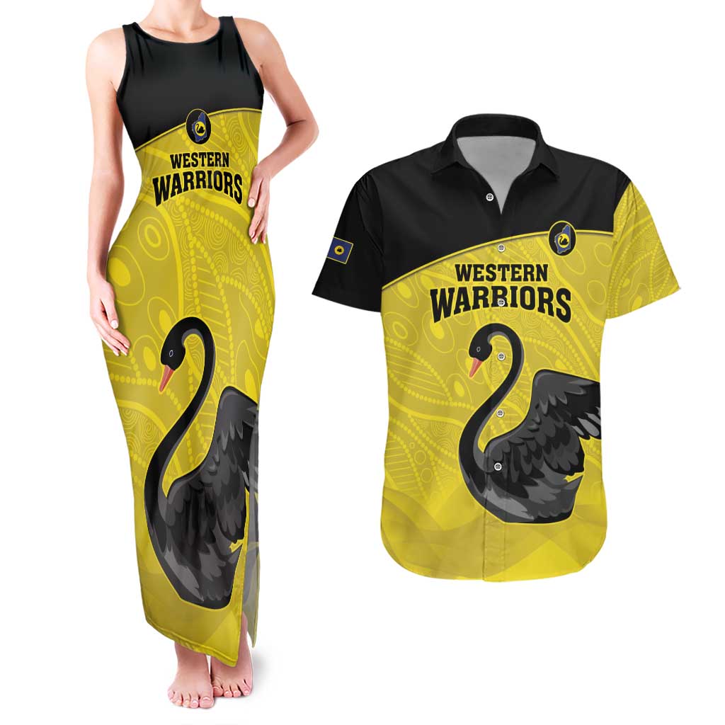 Custom Western Australia Cricket Couples Matching Tank Maxi Dress and Hawaiian Shirt Go Warriors Black Swans - Aboriginal Art