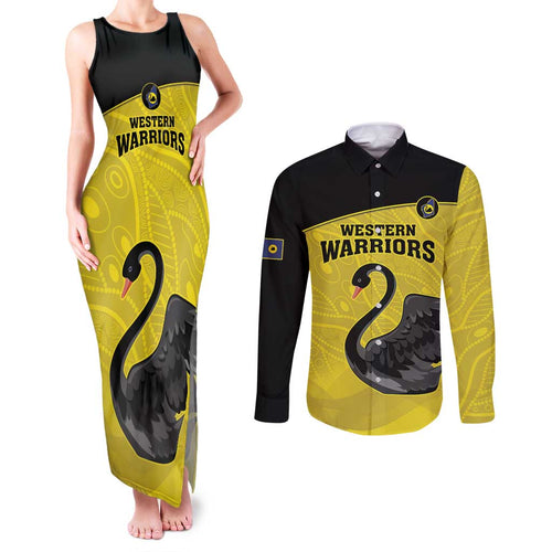 Custom Western Australia Cricket Couples Matching Tank Maxi Dress and Long Sleeve Button Shirt Go Warriors Black Swans - Aboriginal Art