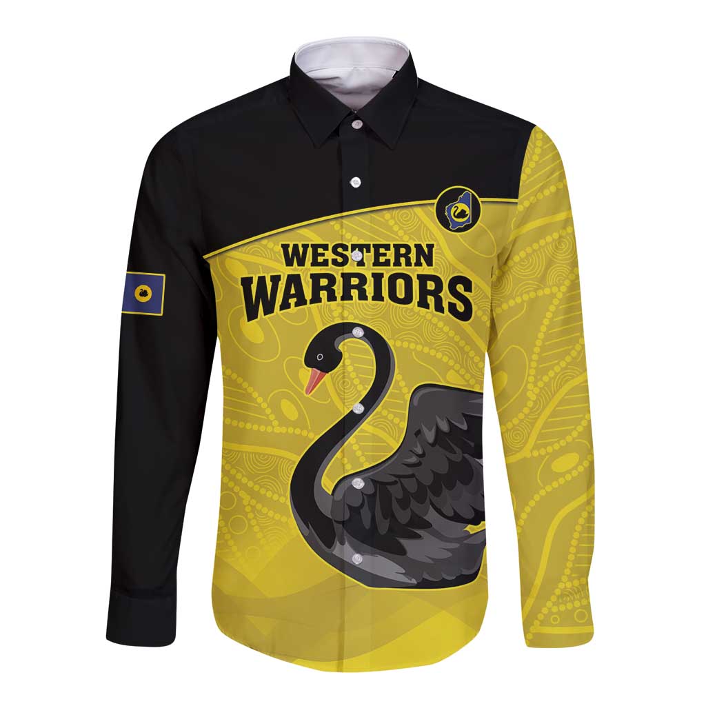Custom Western Australia Cricket Long Sleeve Button Shirt Go Warriors Black Swans - Aboriginal Art