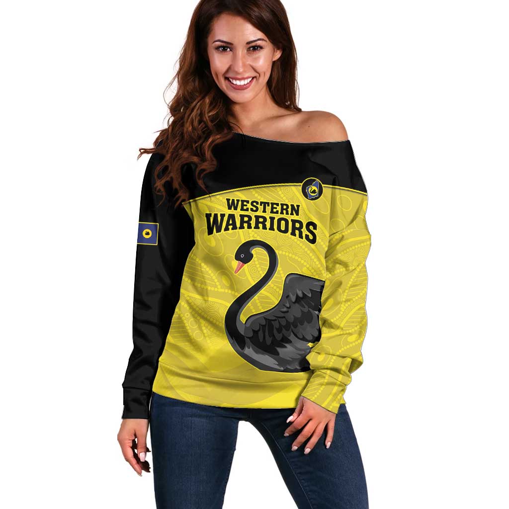 Custom Western Australia Cricket Off Shoulder Sweater Go Warriors Black Swans - Aboriginal Art