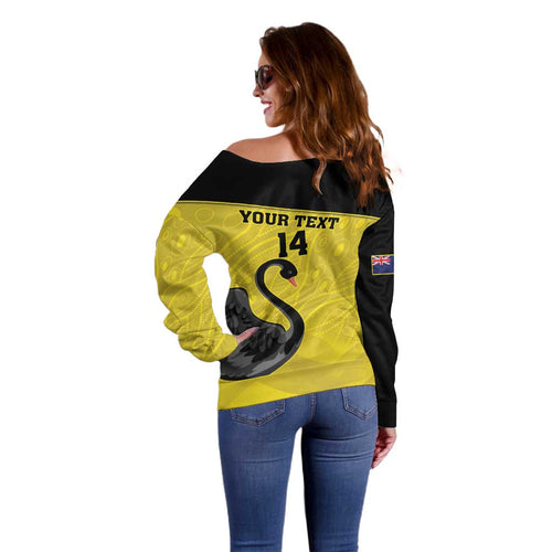 Custom Western Australia Cricket Off Shoulder Sweater Go Warriors Black Swans - Aboriginal Art