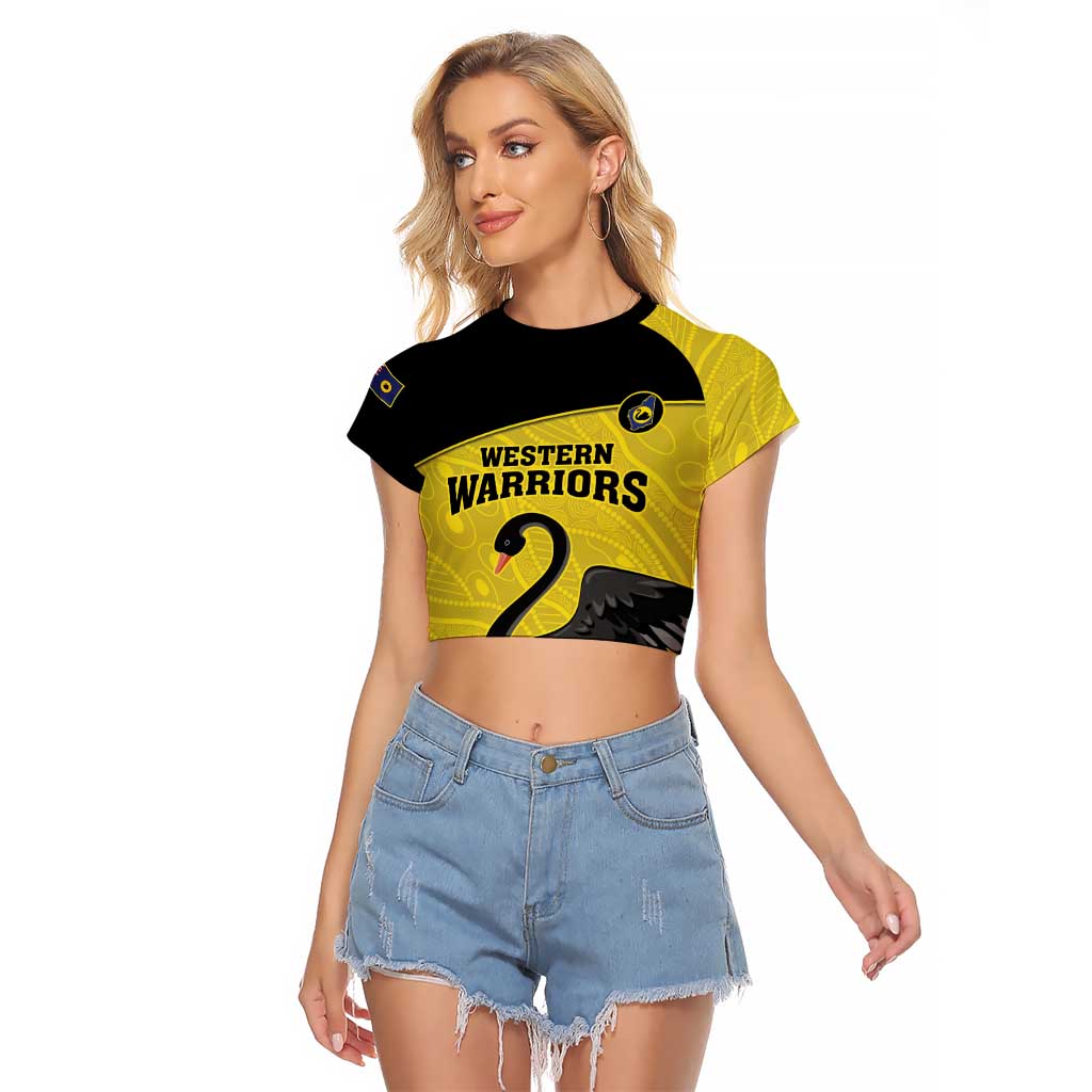 Custom Western Australia Cricket Raglan Cropped T Shirt Go Warriors Black Swans - Aboriginal Art