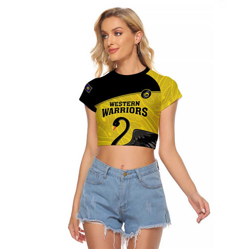 Custom Western Australia Cricket Raglan Cropped T Shirt Go Warriors Black Swans - Aboriginal Art