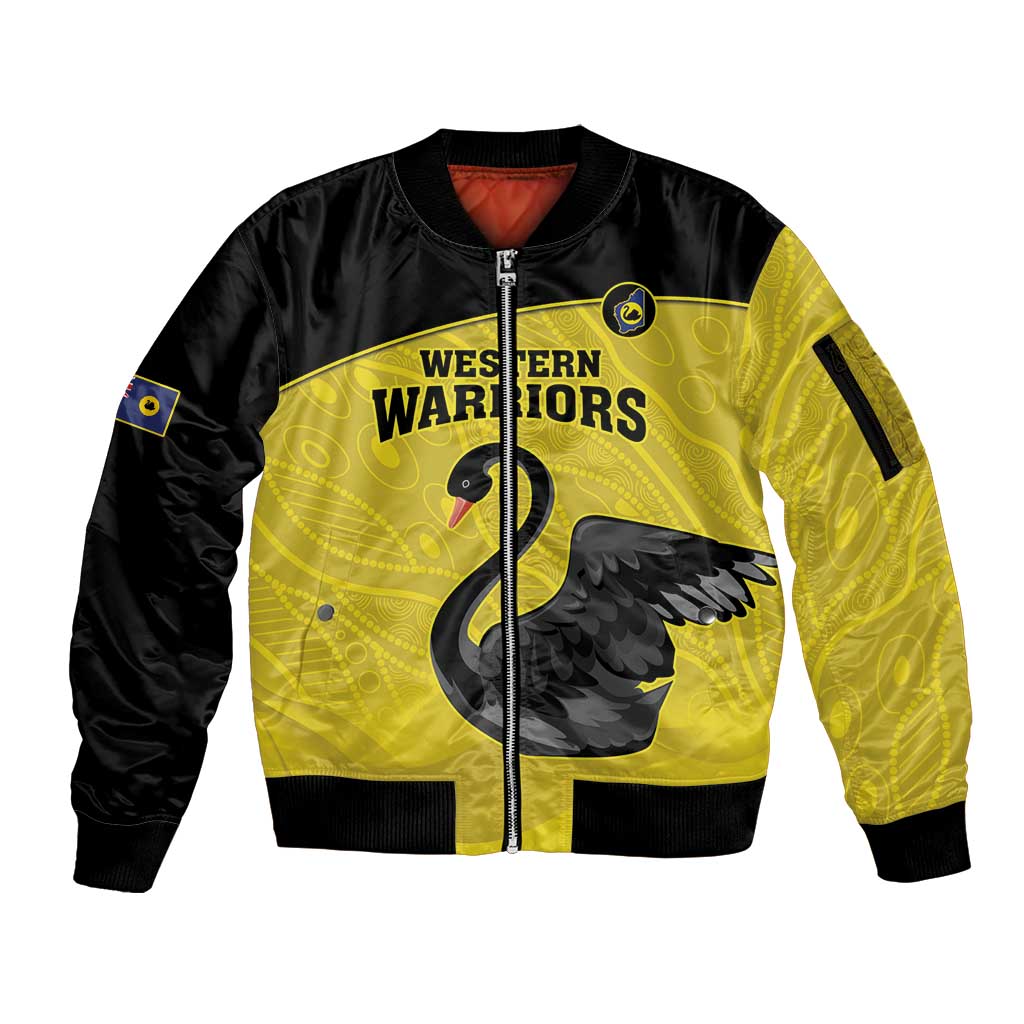 Custom Western Australia Cricket Sleeve Zip Bomber Jacket Go Warriors Black Swans - Aboriginal Art