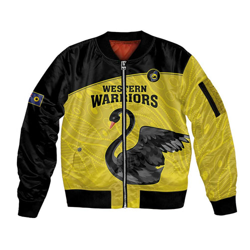 Custom Western Australia Cricket Sleeve Zip Bomber Jacket Go Warriors Black Swans - Aboriginal Art