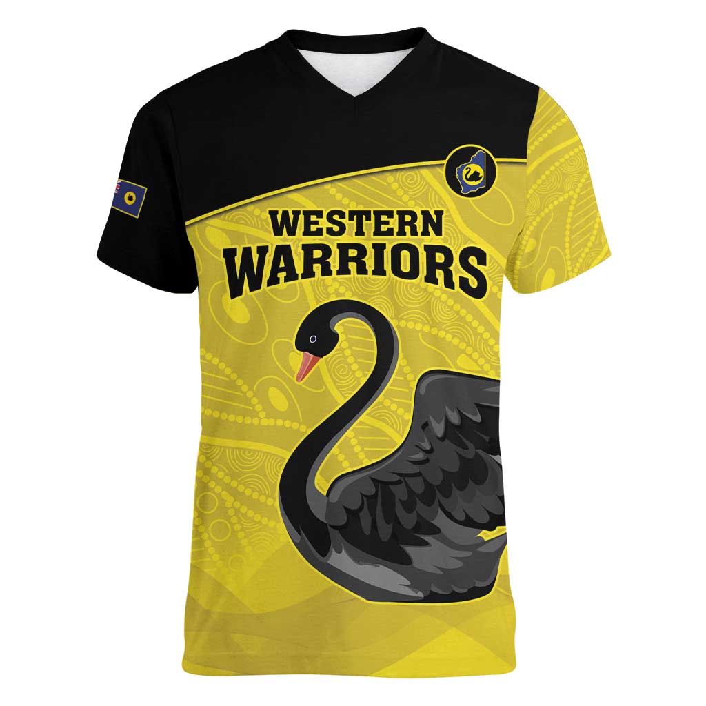 Custom Western Australia Cricket Women V-Neck T-Shirt Go Warriors Black Swans - Aboriginal Art