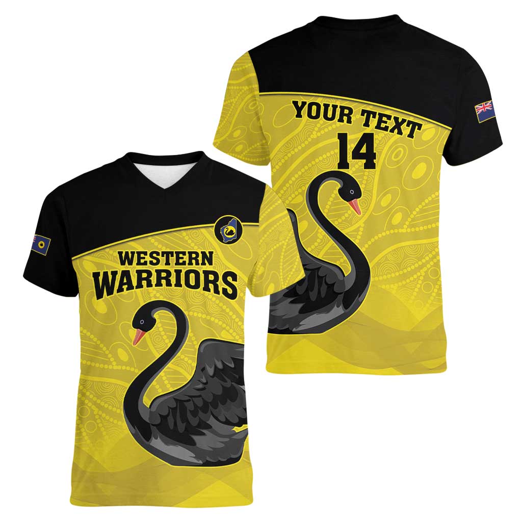 Custom Western Australia Cricket Women V-Neck T-Shirt Go Warriors Black Swans - Aboriginal Art
