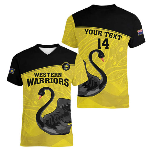 Custom Western Australia Cricket Women V-Neck T-Shirt Go Warriors Black Swans - Aboriginal Art