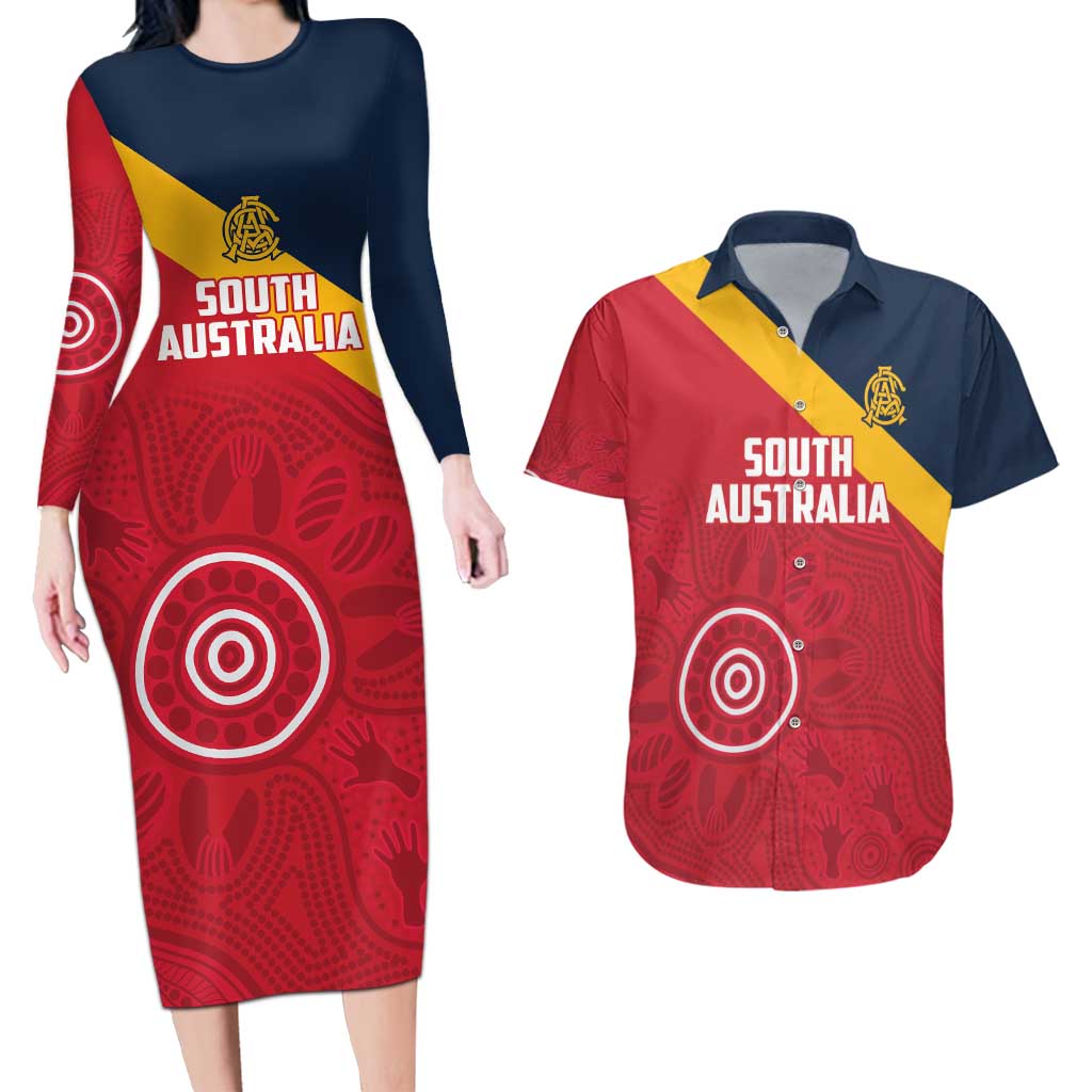 Custom South Australia Cricket Couples Matching Long Sleeve Bodycon Dress and Hawaiian Shirt Go Champions - Aboriginal Art