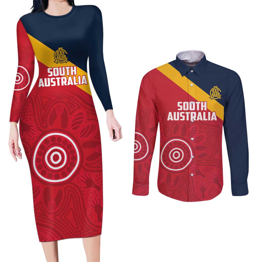 Custom South Australia Cricket Couples Matching Long Sleeve Bodycon Dress and Long Sleeve Button Shirt Go Champions - Aboriginal Art