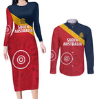 Custom South Australia Cricket Couples Matching Long Sleeve Bodycon Dress and Long Sleeve Button Shirt Go Champions - Aboriginal Art