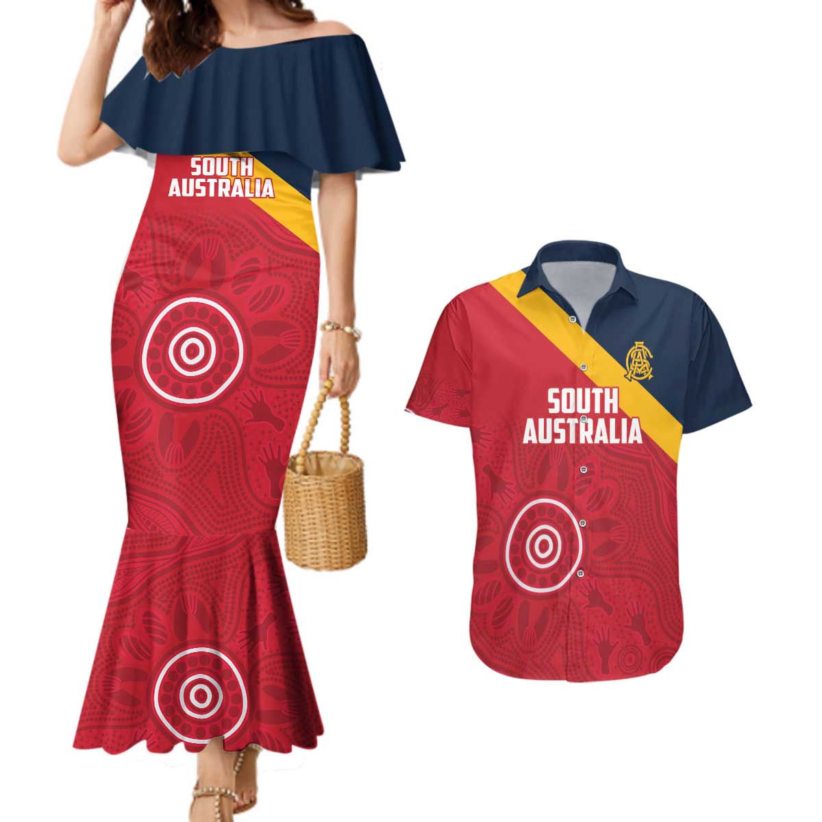 Custom South Australia Cricket Couples Matching Mermaid Dress and Hawaiian Shirt Go Champions - Aboriginal Art