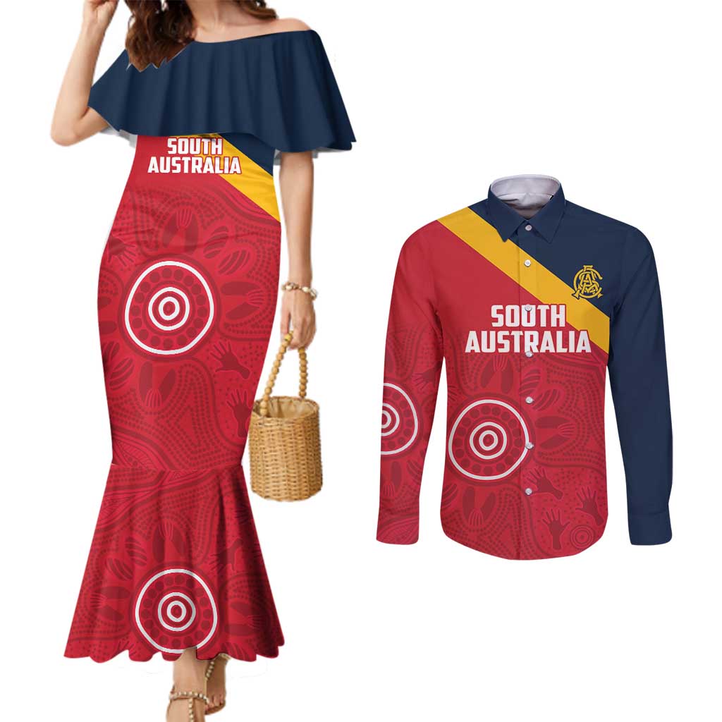Custom South Australia Cricket Couples Matching Mermaid Dress and Long Sleeve Button Shirt Go Champions - Aboriginal Art
