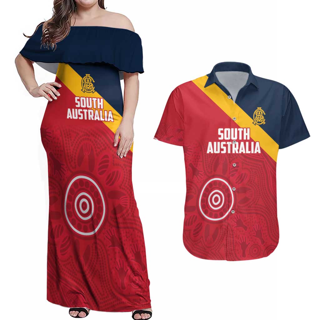 Custom South Australia Cricket Couples Matching Off Shoulder Maxi Dress and Hawaiian Shirt Go Champions - Aboriginal Art