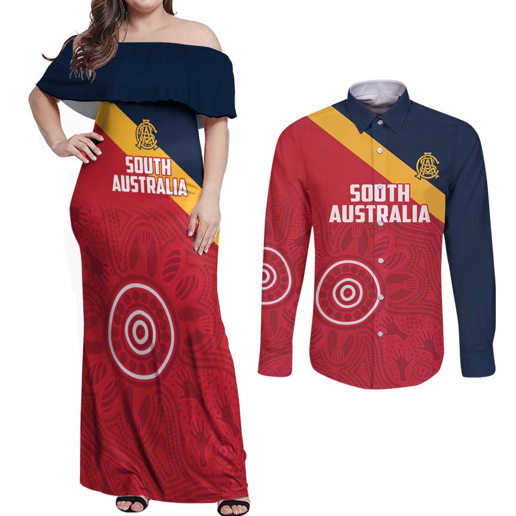 Custom South Australia Cricket Couples Matching Off Shoulder Maxi Dress and Long Sleeve Button Shirt Go Champions - Aboriginal Art