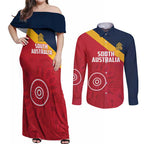 Custom South Australia Cricket Couples Matching Off Shoulder Maxi Dress and Long Sleeve Button Shirt Go Champions - Aboriginal Art