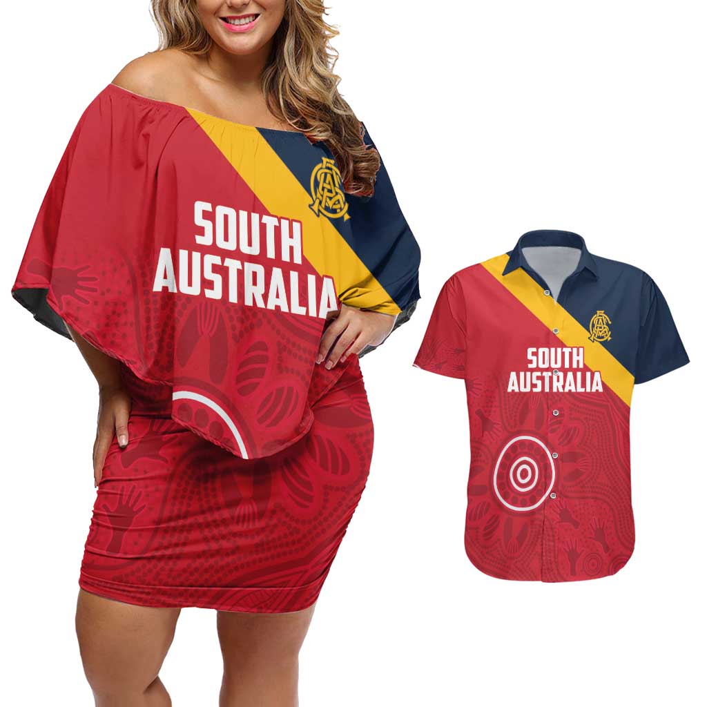 Custom South Australia Cricket Couples Matching Off Shoulder Short Dress and Hawaiian Shirt Go Champions - Aboriginal Art